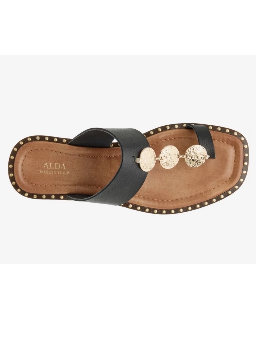 Coach and Four Black Slide Sandal with Gold Coin Accents